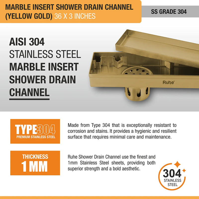 Marble Insert Shower Drain Channel (36 x 3 Inches) YELLOW GOLD PVD Coated - by Ruhe