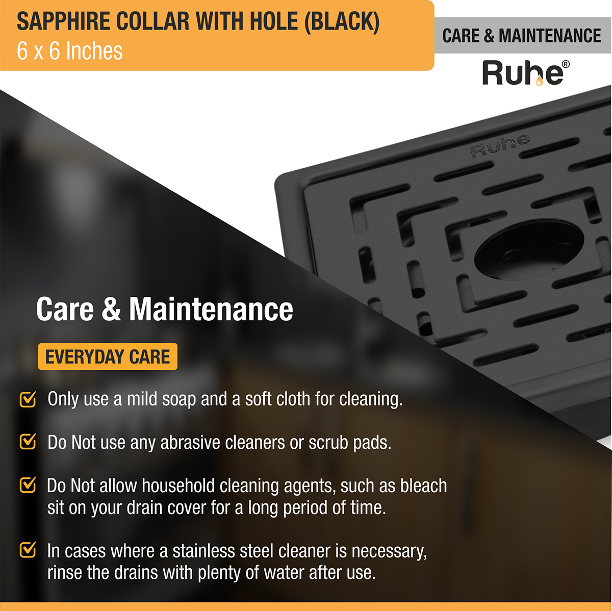 Sapphire Square 304-Grade Floor Drain in Black PVD Coating (6 x 6 Inches) with Hole - by Ruhe