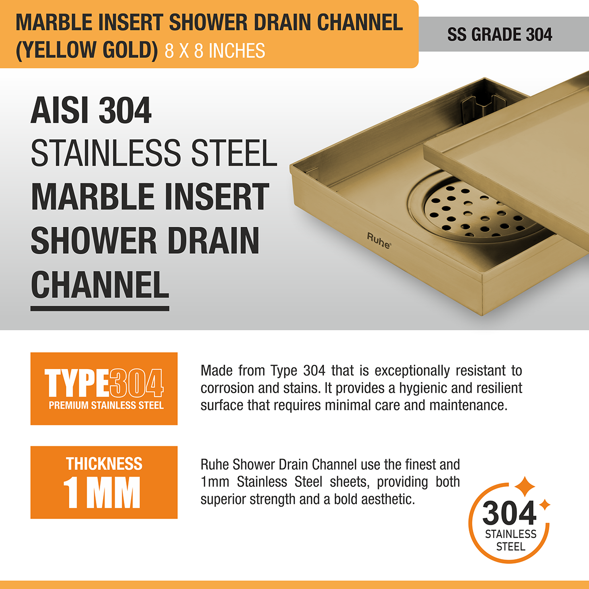 Marble Insert Shower Drain Channel (8 x 8 Inches) YELLOW GOLD PVD Coated - by Ruhe®