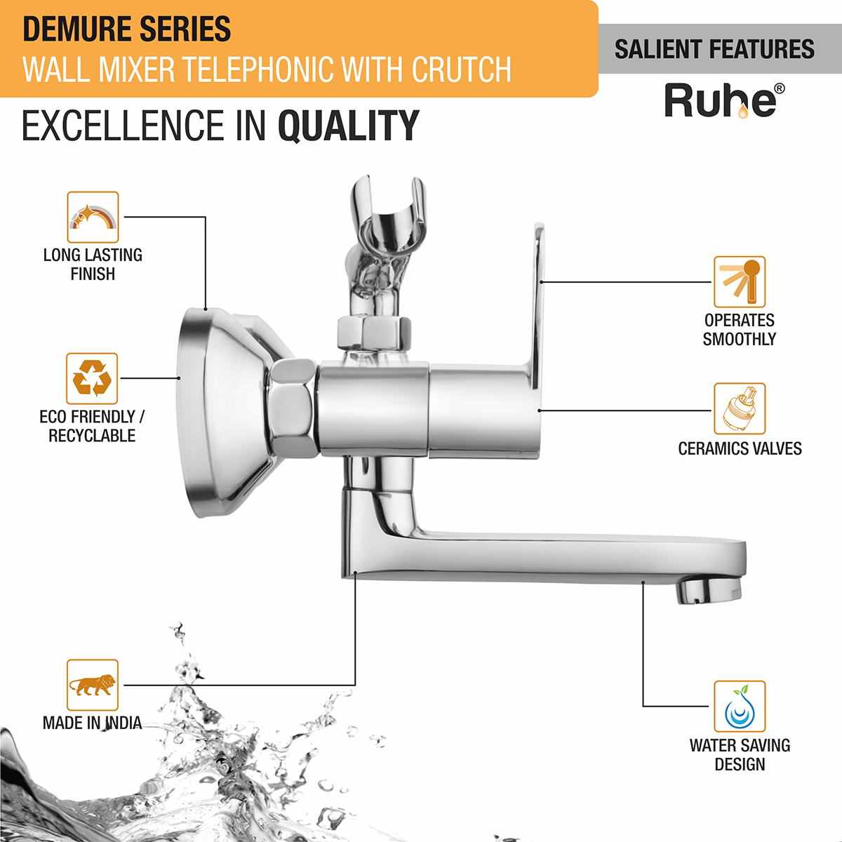 Demure Telephonic Wall Mixer Tap with Crutch - by Ruhe®