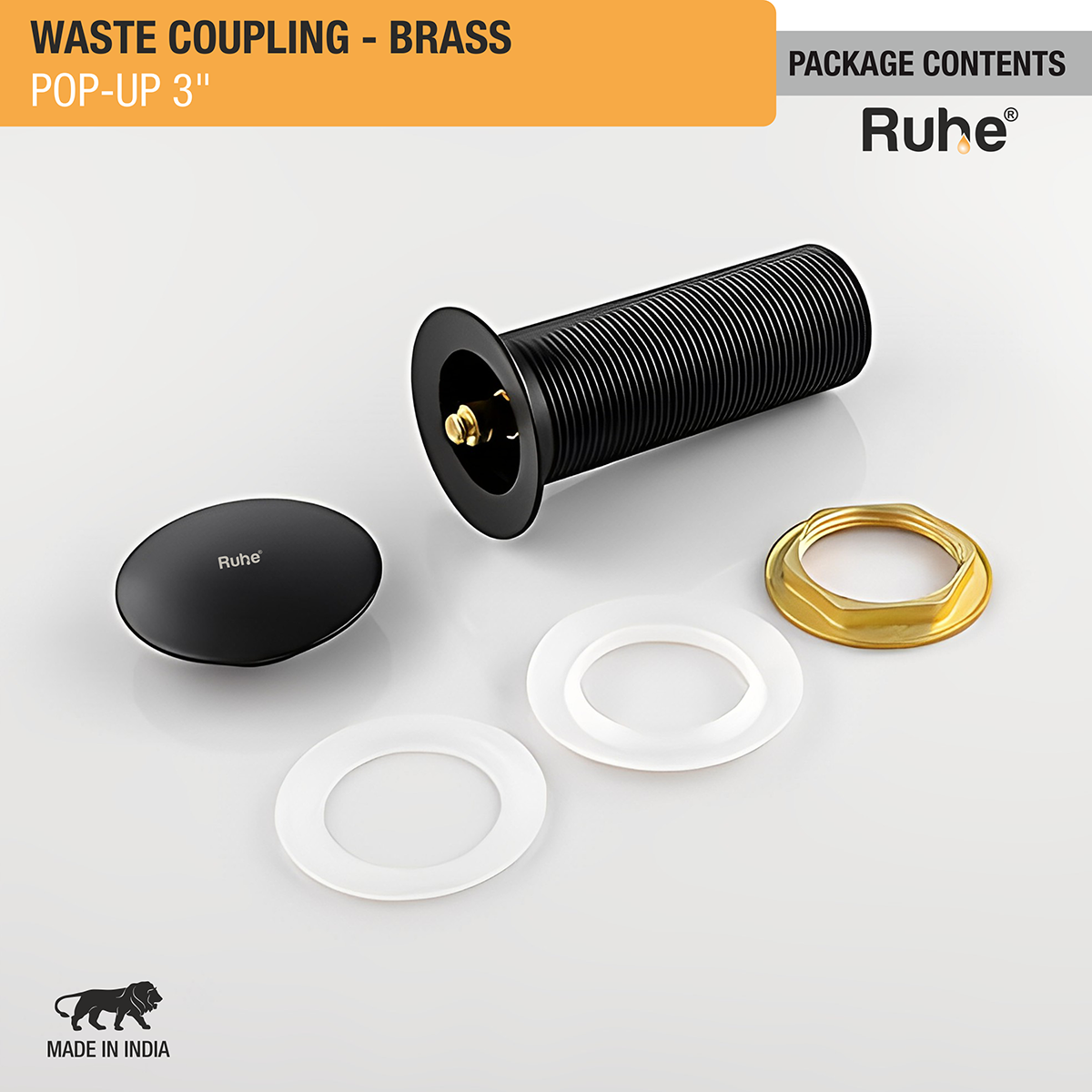 Pop-up Waste Coupling in Matte Black PVD Coating (3 Inches) package content