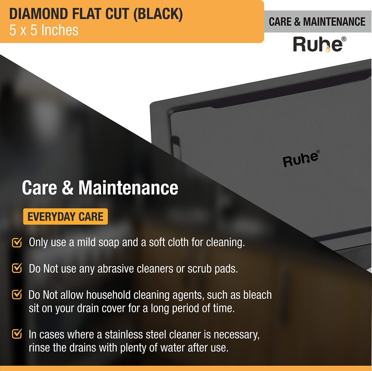 Diamond Square Flat Cut Floor Drain in Black PVD Coating (5 x 5 Inches) - by Ruhe