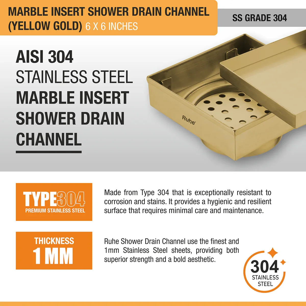 Marble-Insert Shower Drain Channel (6 x 6 Inches)