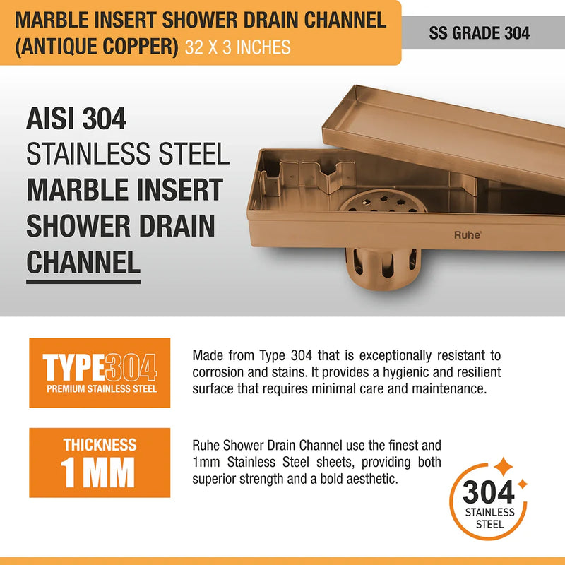 Marble Insert Shower Drain Channel (32 x 3 Inches) Antique Copper PVD Coated - by Ruhe