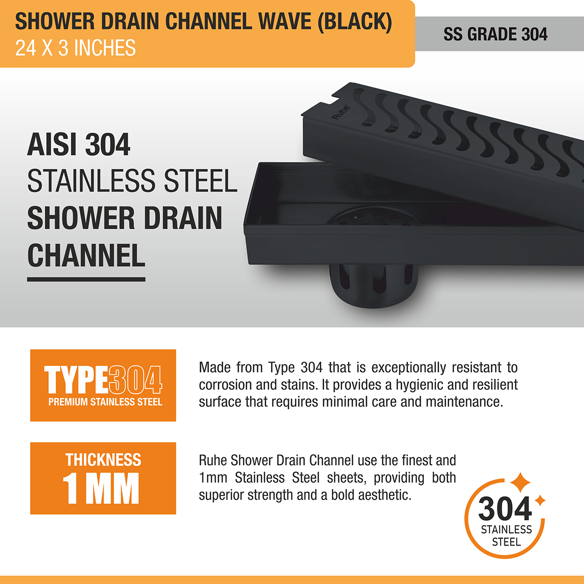 Wave Shower Drain Channel (24 x 3 Inches) Black PVD Coated - by Ruhe®