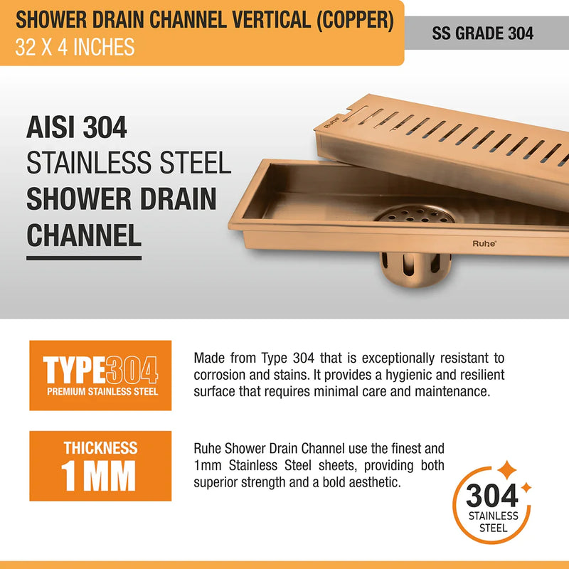 Vertical Shower Drain Channel (32 x 4 Inches) Antique Copper PVD Coated - by Ruhe