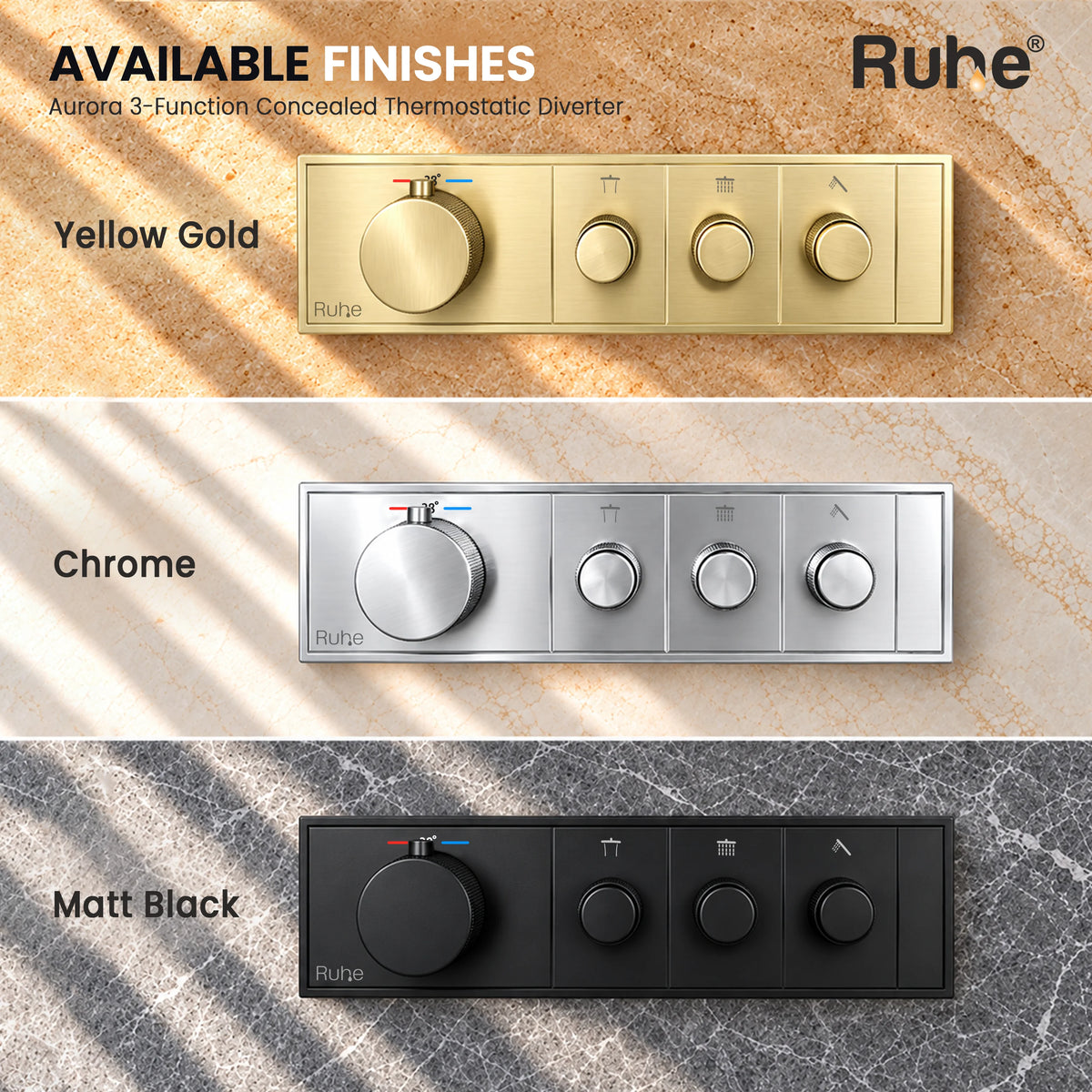 Aurora 3-Function Brass Concealed Thermostatic Diverter – Matt Black