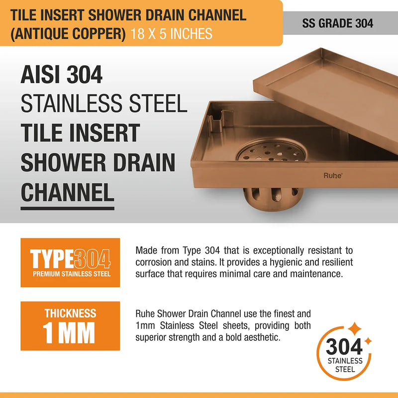 Tile Insert Shower Drain Channel (18 x 5 Inches) Antique Copper PVD Coated