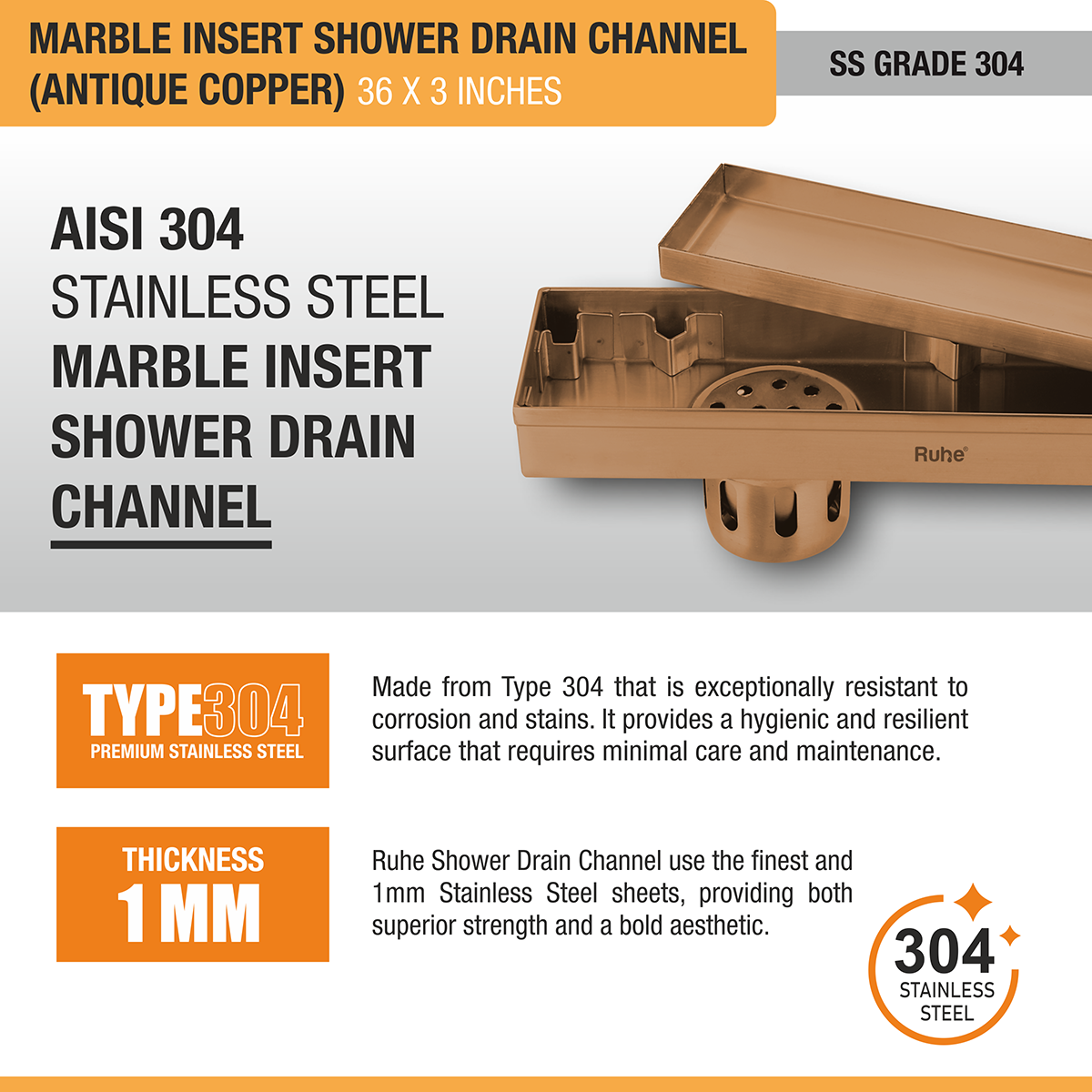 Marble Insert Shower Drain Channel (36 x 3 Inches) ROSE GOLD PVD Coated - by Ruhe®