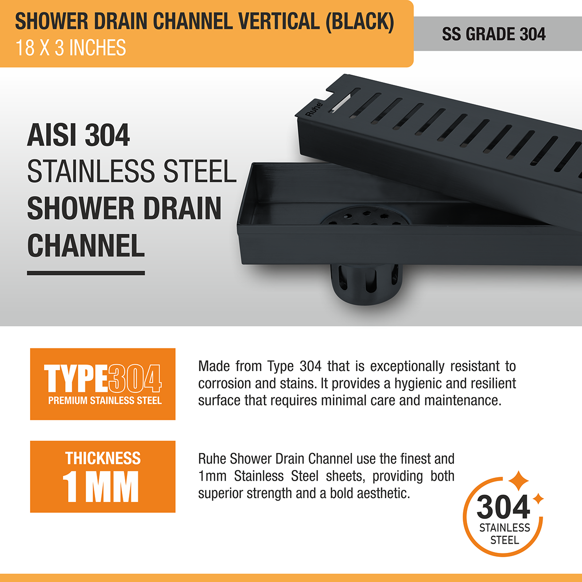 Vertical Shower Drain Channel (18 x 3 Inches) Black PVD Coated stainless steel