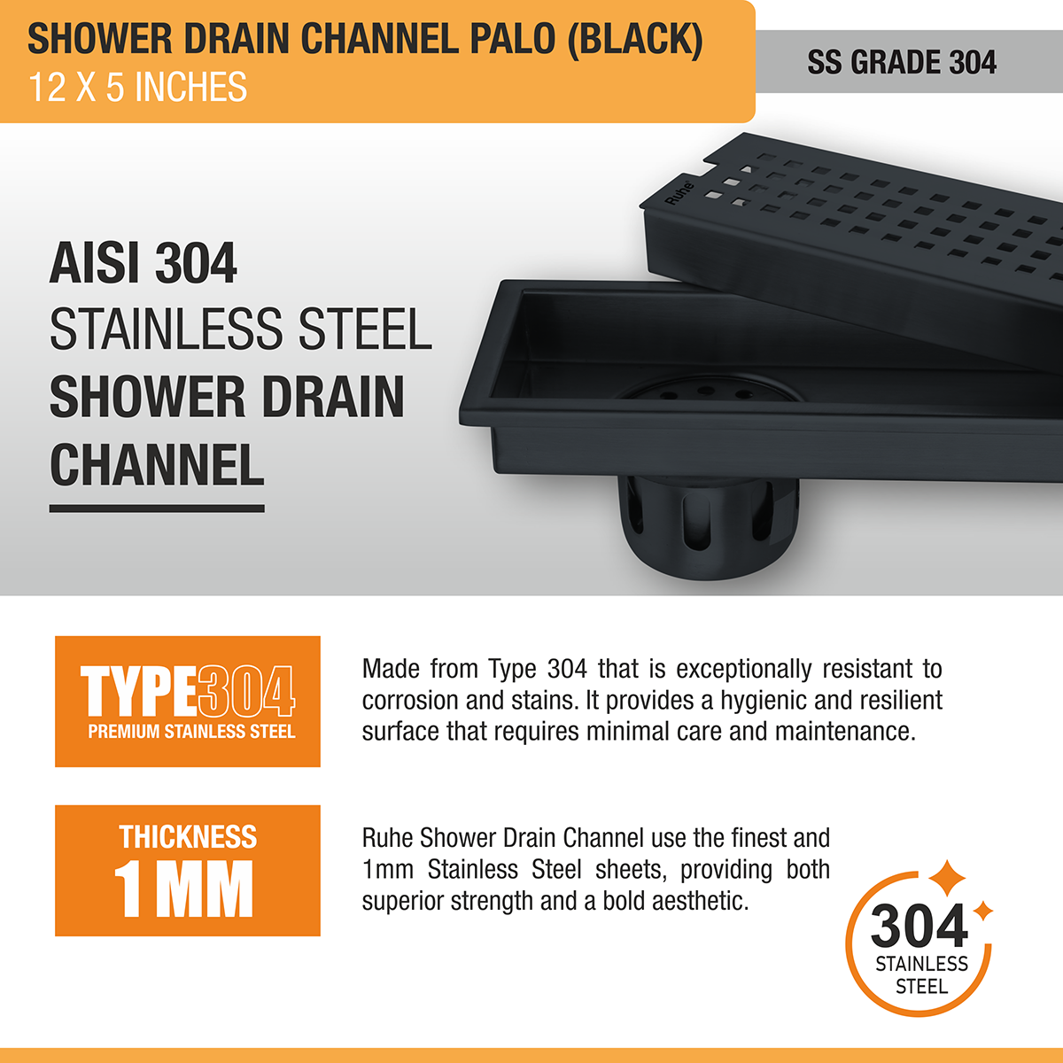 Palo Shower Drain Channel (12 x 5 Inches) Black PVD Coated - by Ruhe®