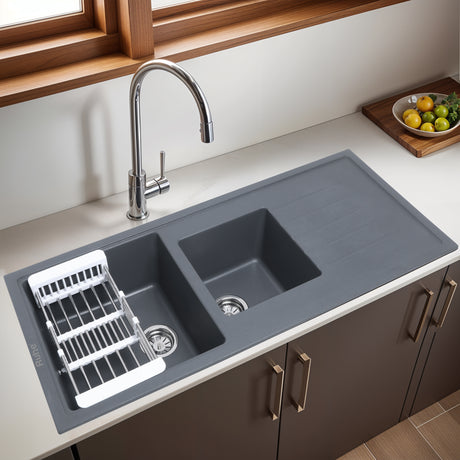 Smoke Grey Quartz Double Bowl with Drainboard  Kitchen Sink (45 x 20 x 9 inches) - by Ruhe