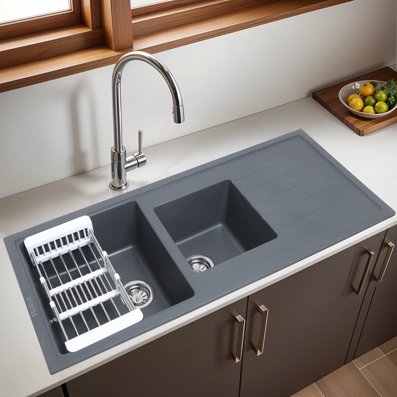 Smoke Grey Quartz Double Bowl with Drainboard Kitchen Sink (45 x 20 x 9 inches)