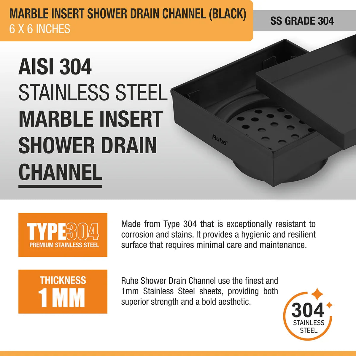 Marble-Insert Shower Drain Channel (6 x 6 Inches)