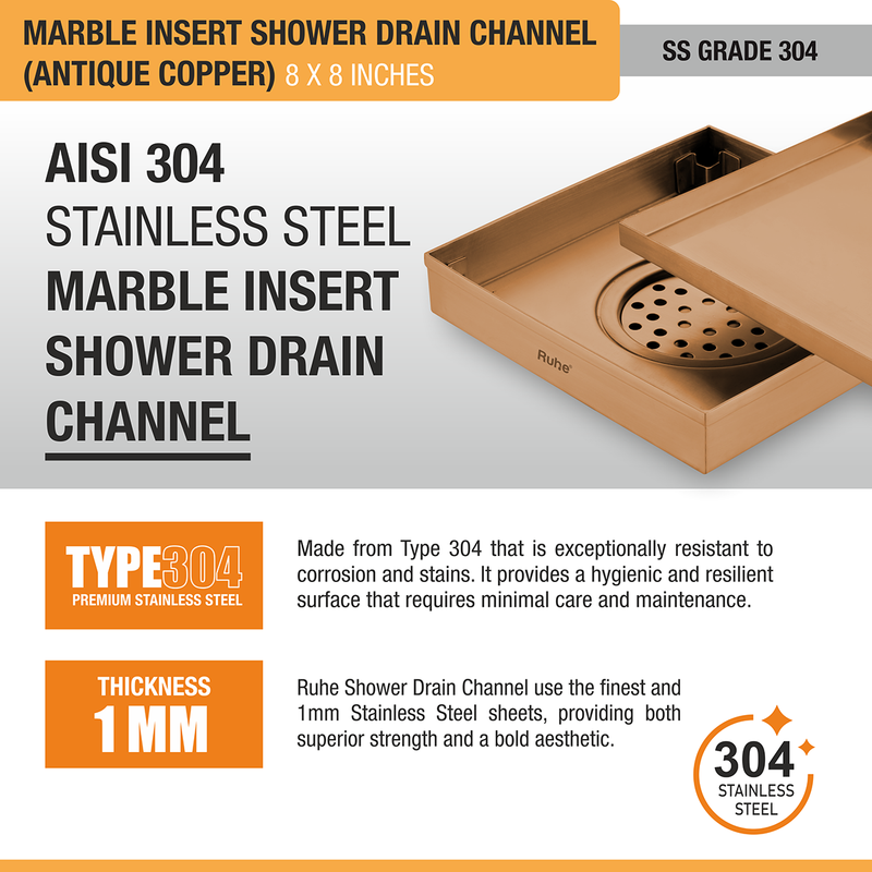 Marble Insert Shower Drain Channel (8 x 8 Inches) Antique Copper PVD Coated - by Ruhe