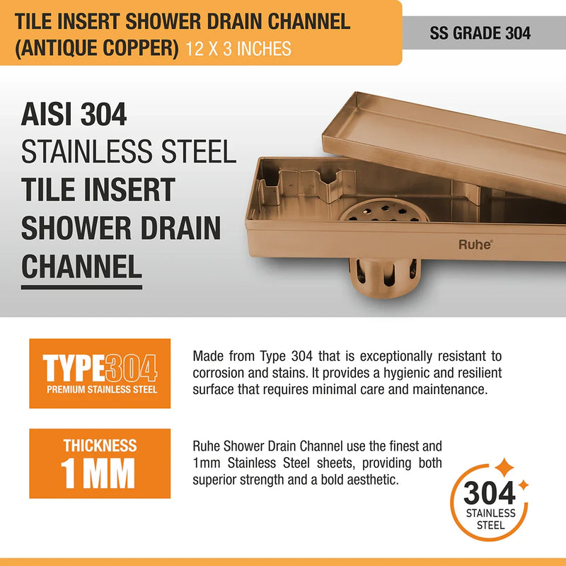 Vertical Shower Drain Channel (12 x 3 Inches) Antique Copper PVD Coated - by Ruhe