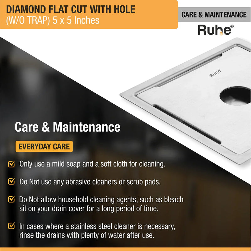 Diamond Square Flat Cut 304-Grade Floor Drain with Hole (5 x 5 Inches) - by Ruhe