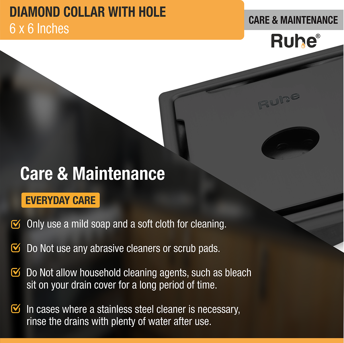 Diamond Square 304-Grade Floor Drain in Black PVD Coating (6 x 6 Inches) with Hole - by Ruhe®