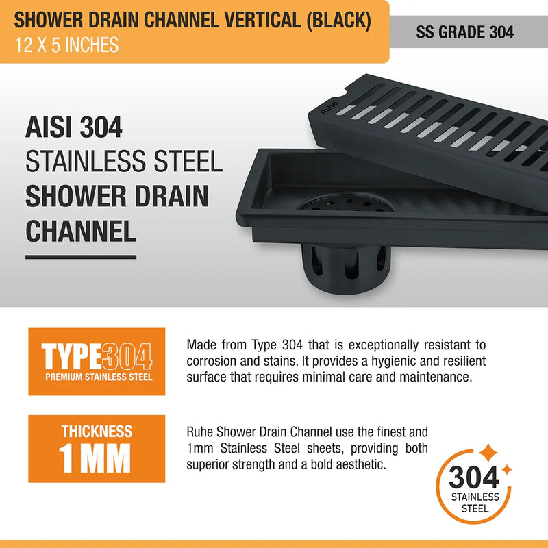 Vertical Shower Drain Channel (12 x 5 Inches) Black PVD Coated - by Ruhe