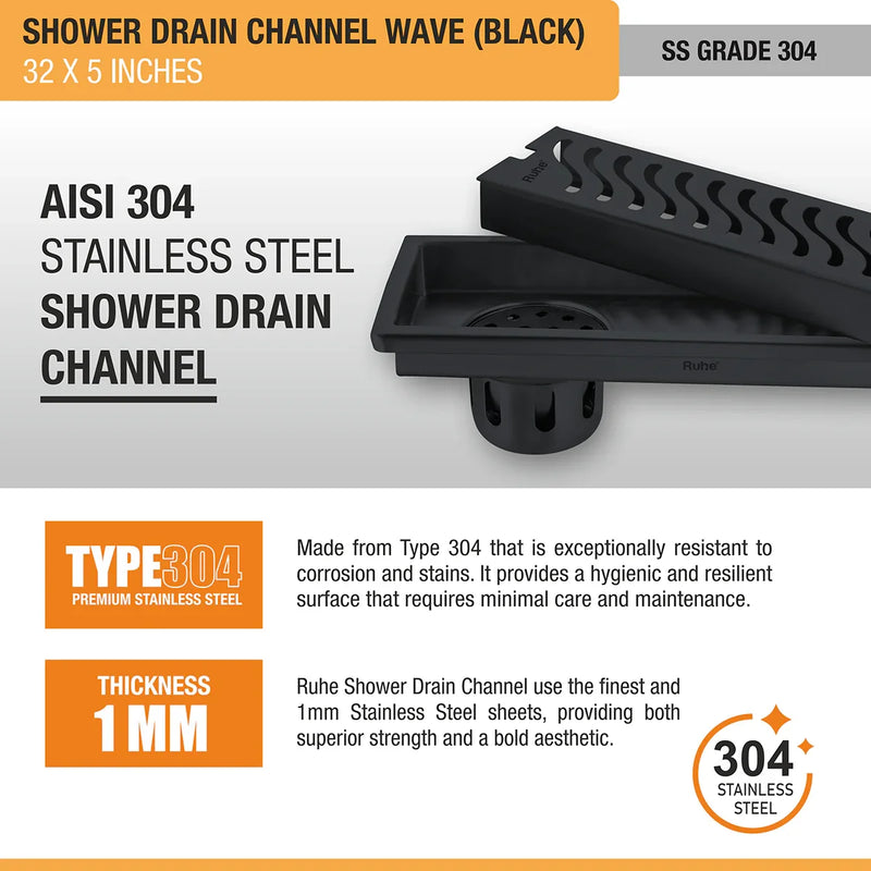 Wave Shower Drain Channel (32 x 5 Inches) Black PVD Coated - by Ruhe