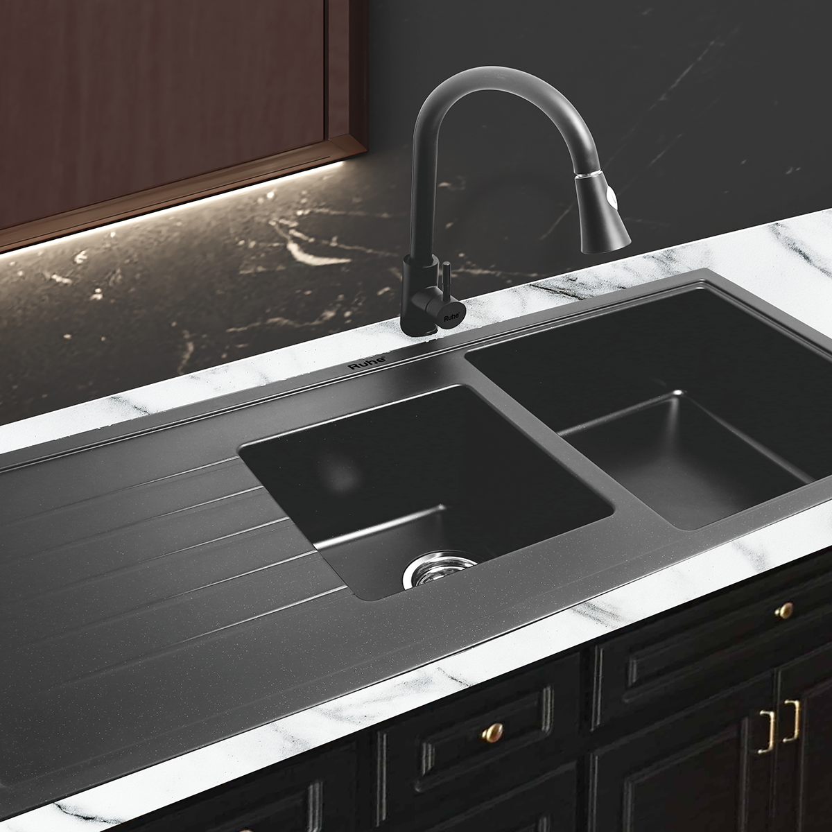 Quartz Double Bowl with Drainboard Kitchen Sink - Matte Black (45 x 20 x 9 inches) Lifestyle