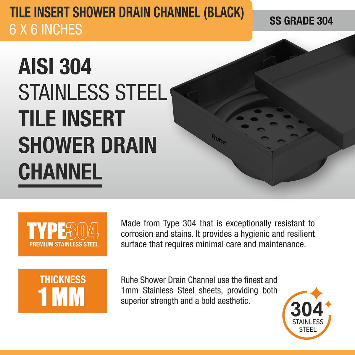Tile Insert Shower Drain Channel (6 x 6 Inches) Black PVD Coated stainless steel