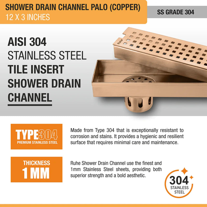 Palo Shower Drain Channel (12 x 3 Inches) Antique Copper PVD Coated - by Ruhe