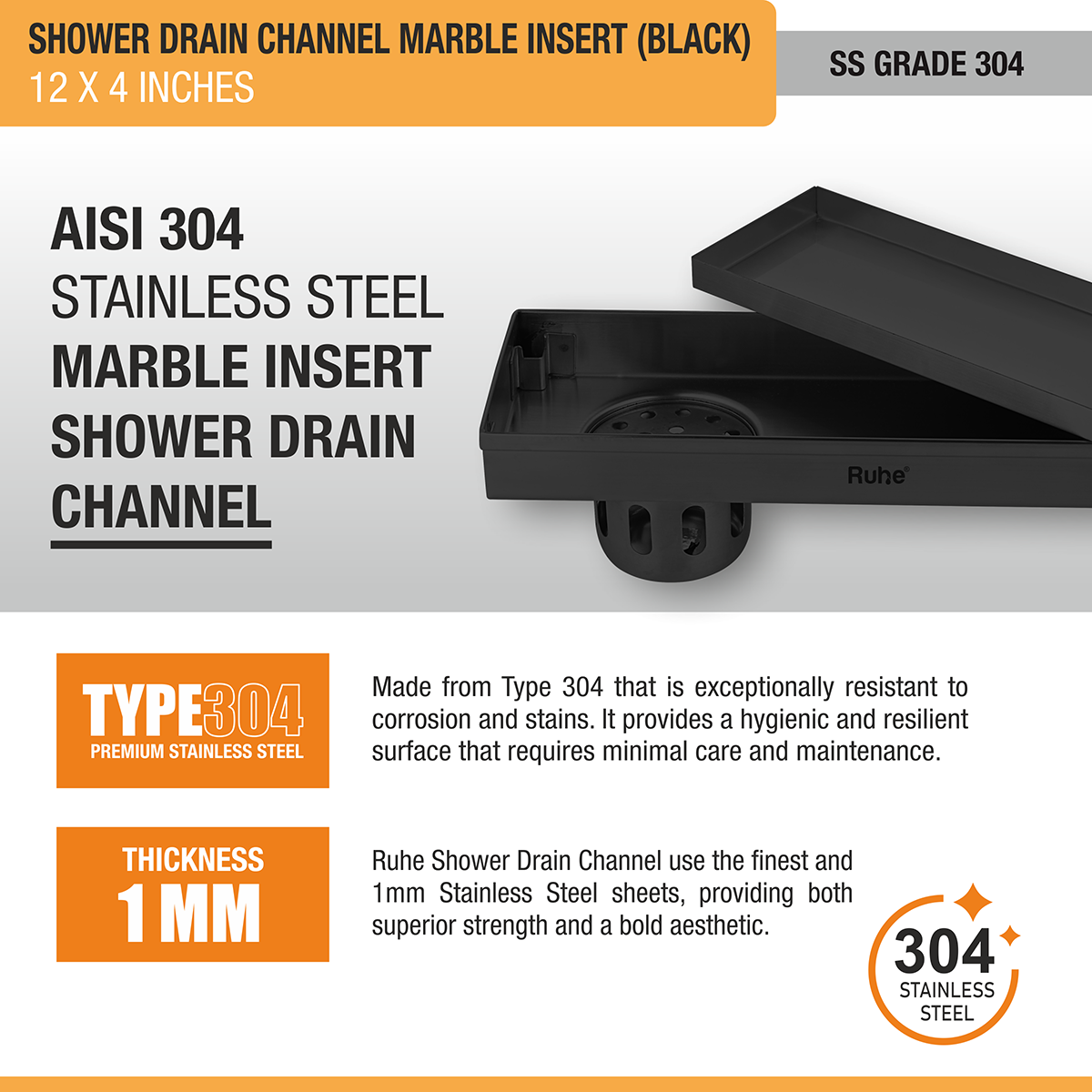 Marble Insert Shower Drain Channel (12 x 4 Inches) Black PVD Coated - by Ruhe®