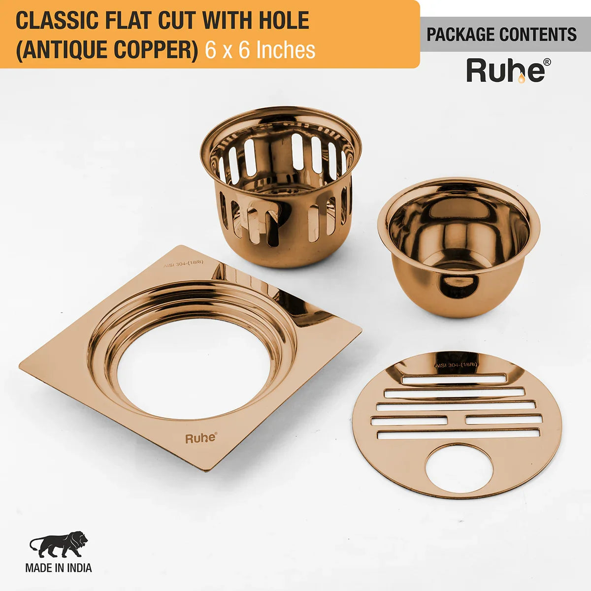 Classic Square Flat Cut Floor Drain in Antique Copper PVD Coating (6 x 6 Inches) with Hole - by Ruhe