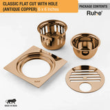 Classic Square Flat Cut Floor Drain in Antique Copper PVD Coating (6 x 6 Inches) with Hole package content