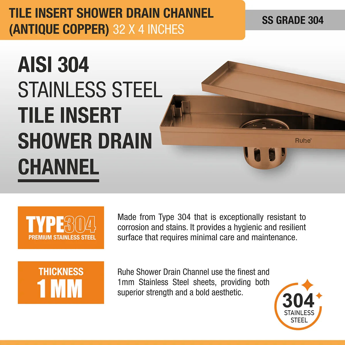 Tile-Insert Shower Drain Channel (4 Inches)