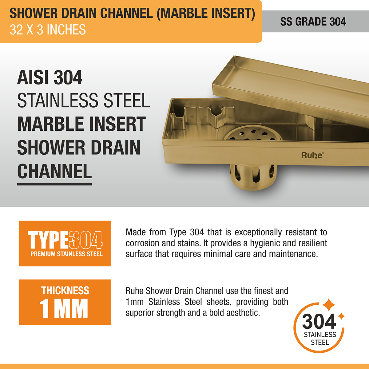 Marble Insert Shower Drain Channel (32 x 3 Inches) YELLOW GOLD PVD Coated - by Ruhe®