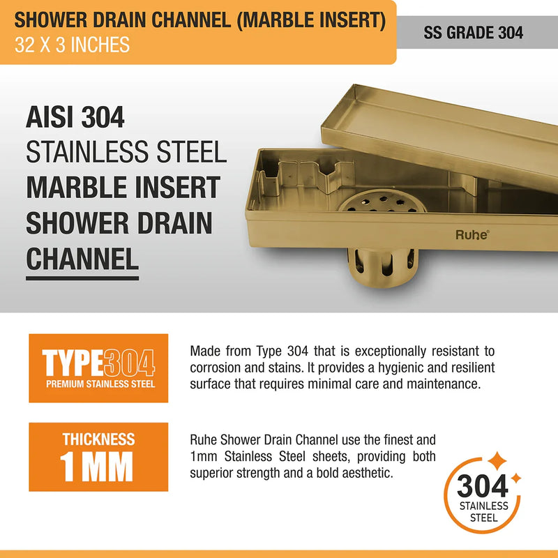 Marble Insert Shower Drain Channel (32 x 3 Inches) Center Hole YELLOW GOLD PVD Coated