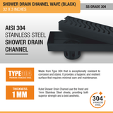 Wave Shower Drain Channel (32 x 3 Inches) Black PVD Coated stainless steel