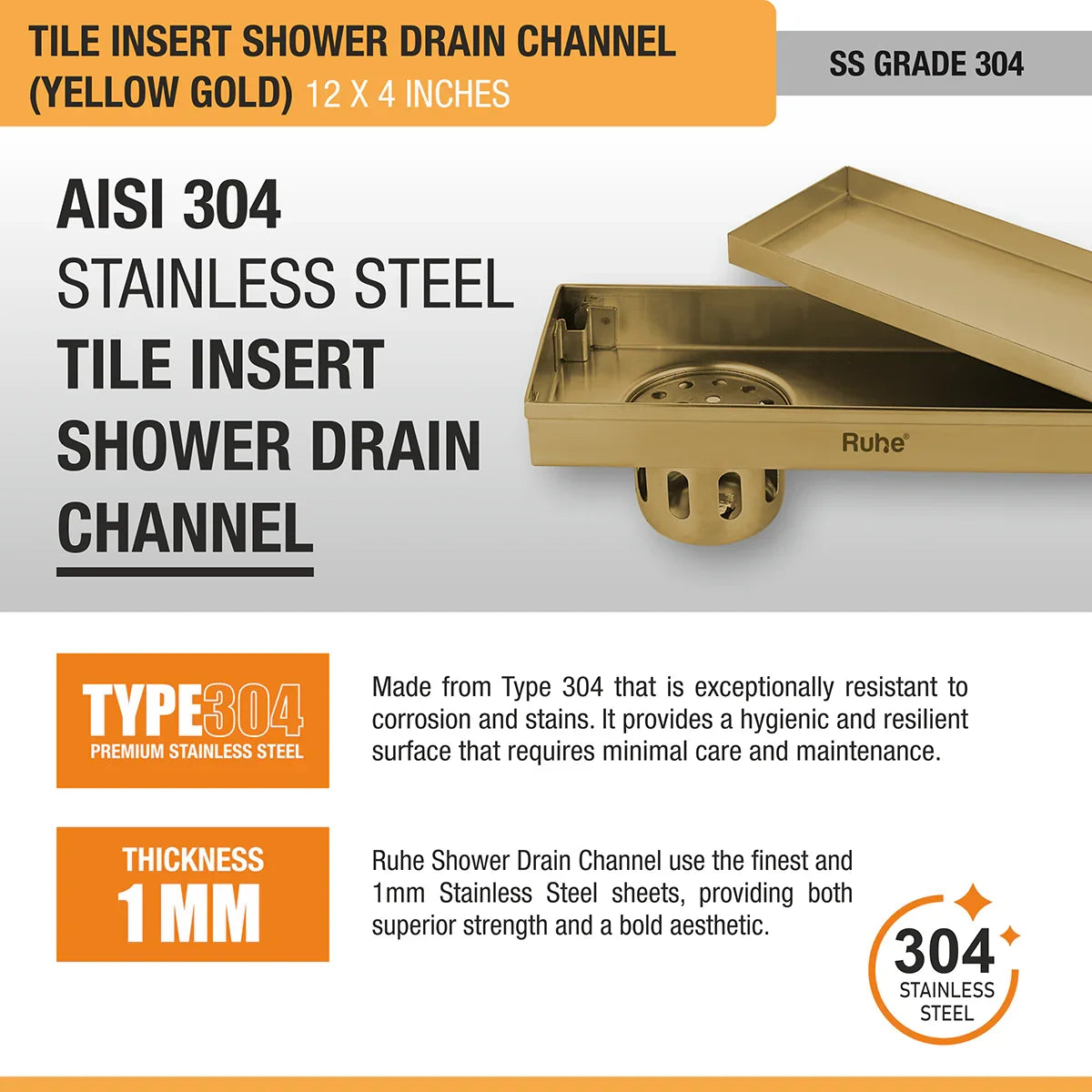 Tile-Insert Shower Drain Channel (4 Inches)