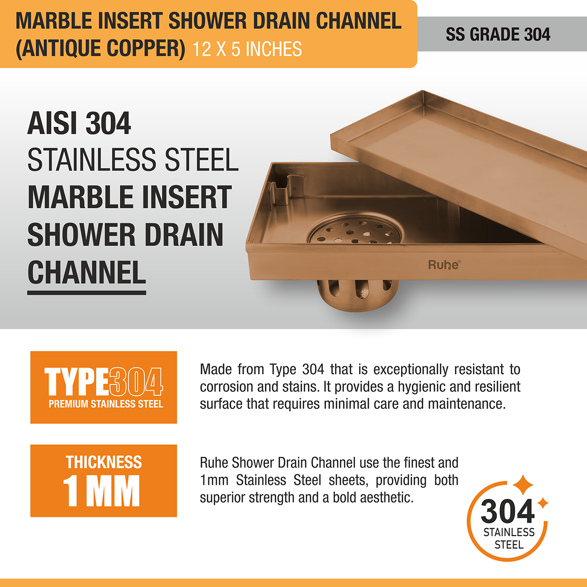 Marble Insert Shower Drain Channel (12 x 5 Inches) ROSE GOLD PVD Coated stainless steel