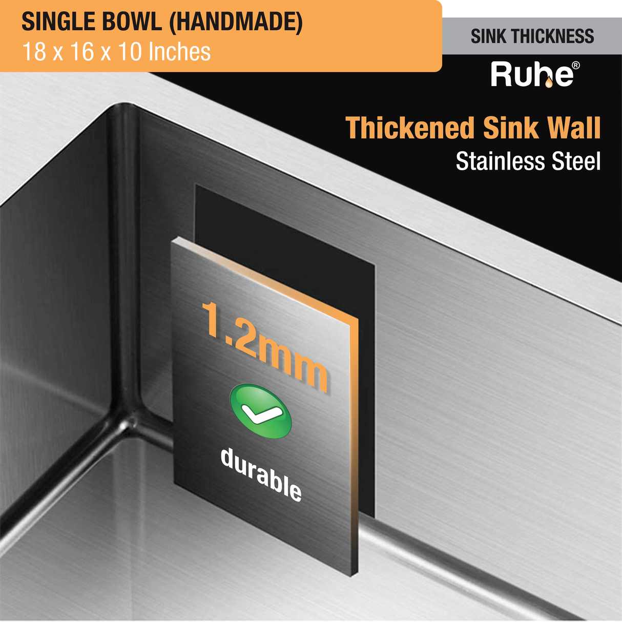 Handmade Single Bowl Kitchen Sink (18 x 16 x 10 Inches)