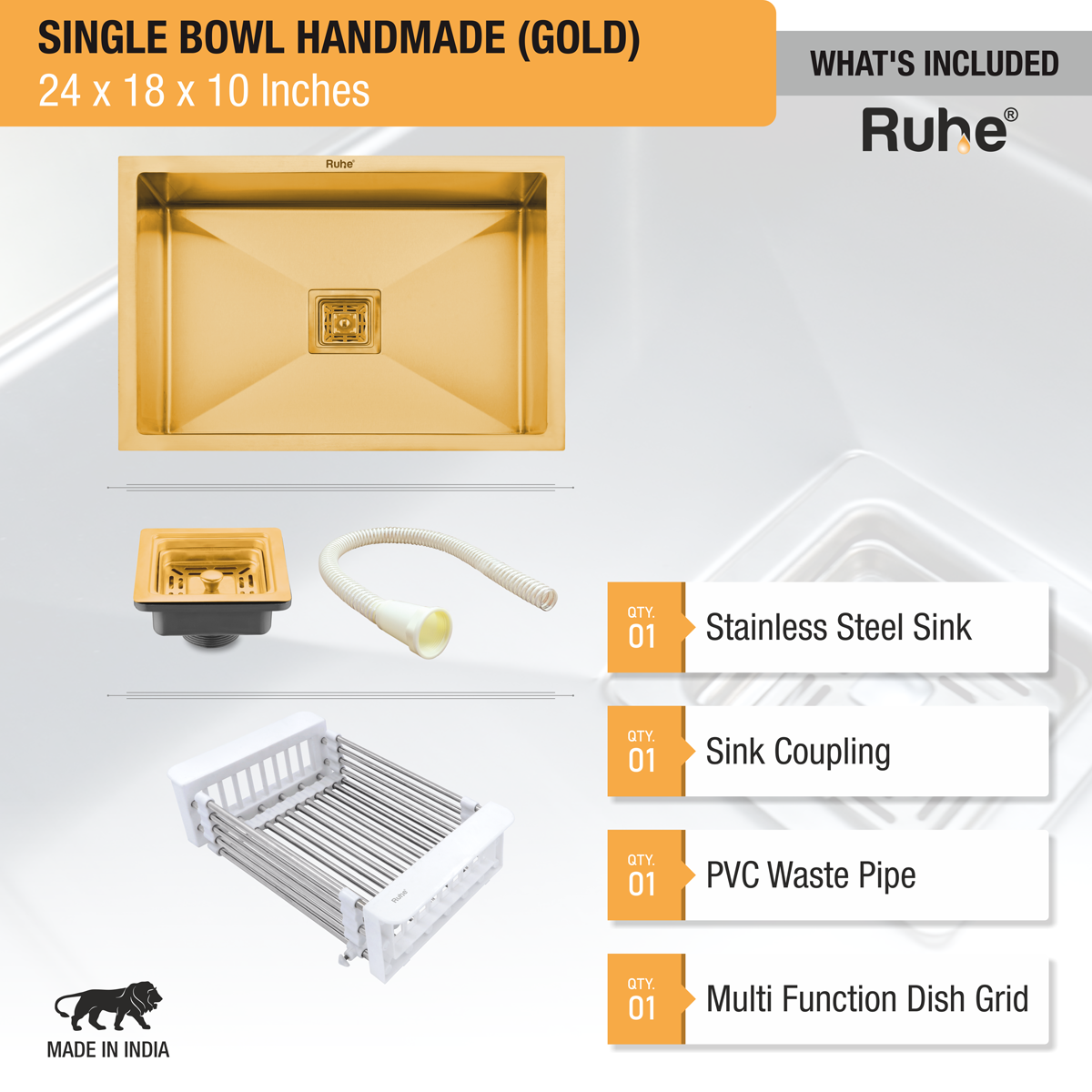 Yellow Gold Handmade Single Bowl Premium Stainless Steel Kitchen Sink ( 24 x 18 x 10 Inches) - by Ruhe®