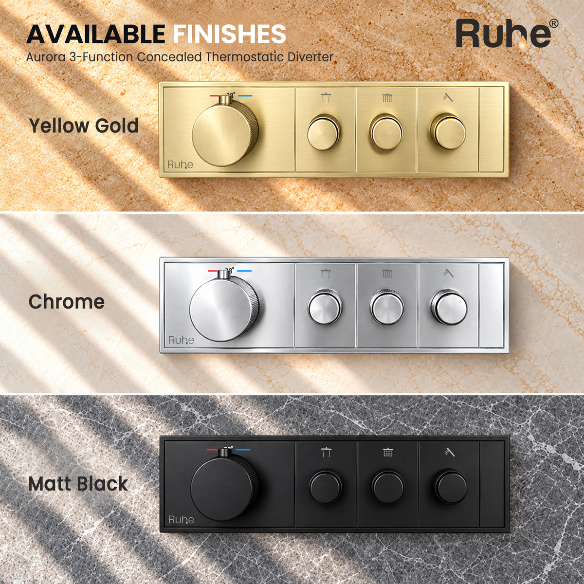 Aurora 3-Function Brass Concealed Thermostatic Diverter – Yellow Gold