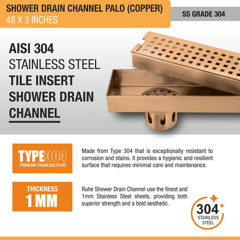Palo Shower Drain Channel (48 x 3 Inches) Antique Copper PVD Coated - by Ruhe