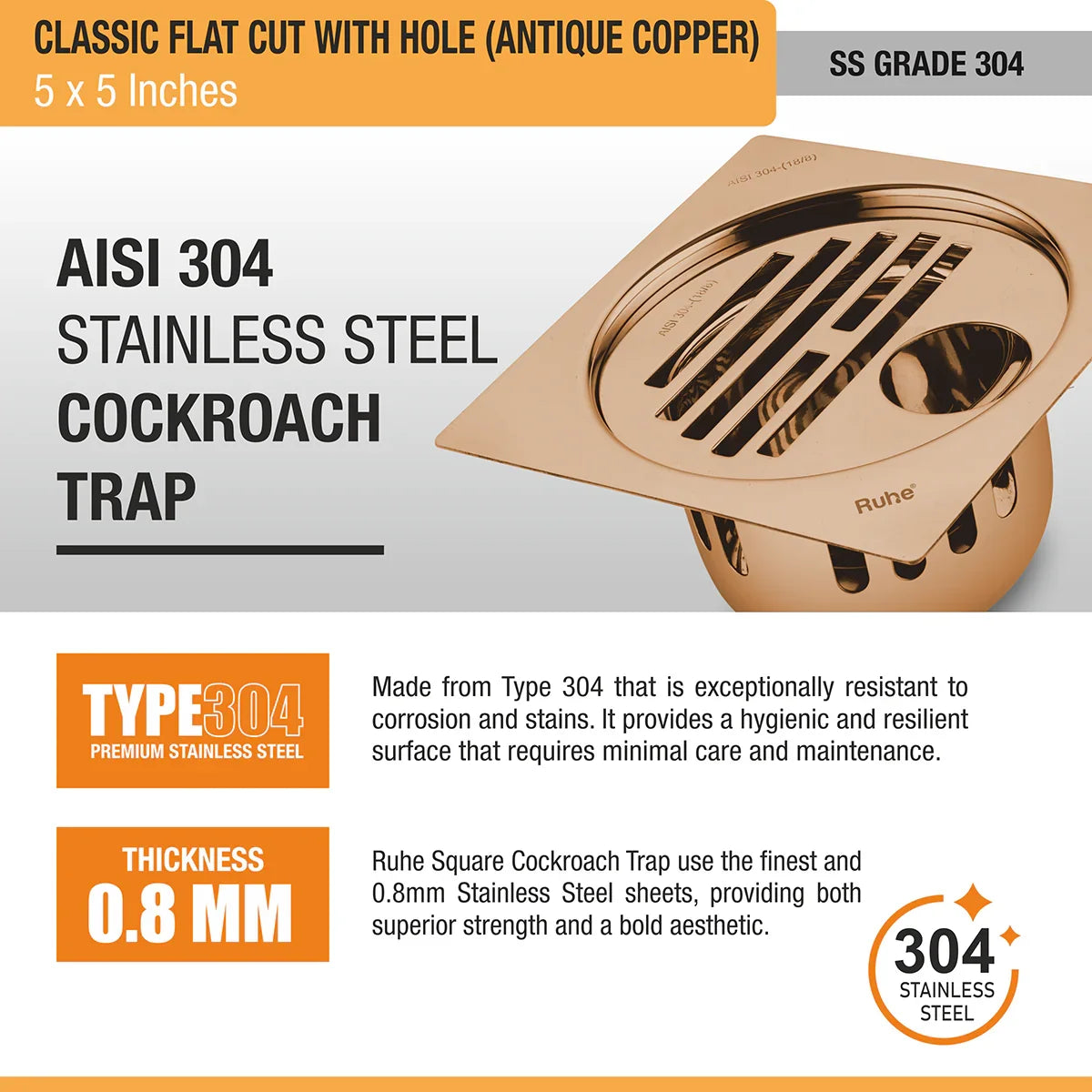 Classic Square Flat Cut Floor Drain in Antique Copper PVD Coating (5 x 5 Inches) with Hole - by Ruhe