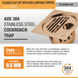 Classic Square Flat Cut Floor Drain in Antique Copper PVD Coating (5 x 5 Inches) with Hole 304 stainless steel