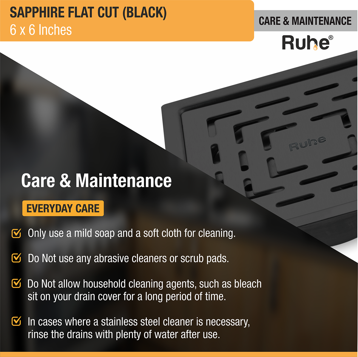 Sapphire Square Flat Cut Floor Drain in Black PVD Coating (6 x 6 Inches) - by Ruhe®