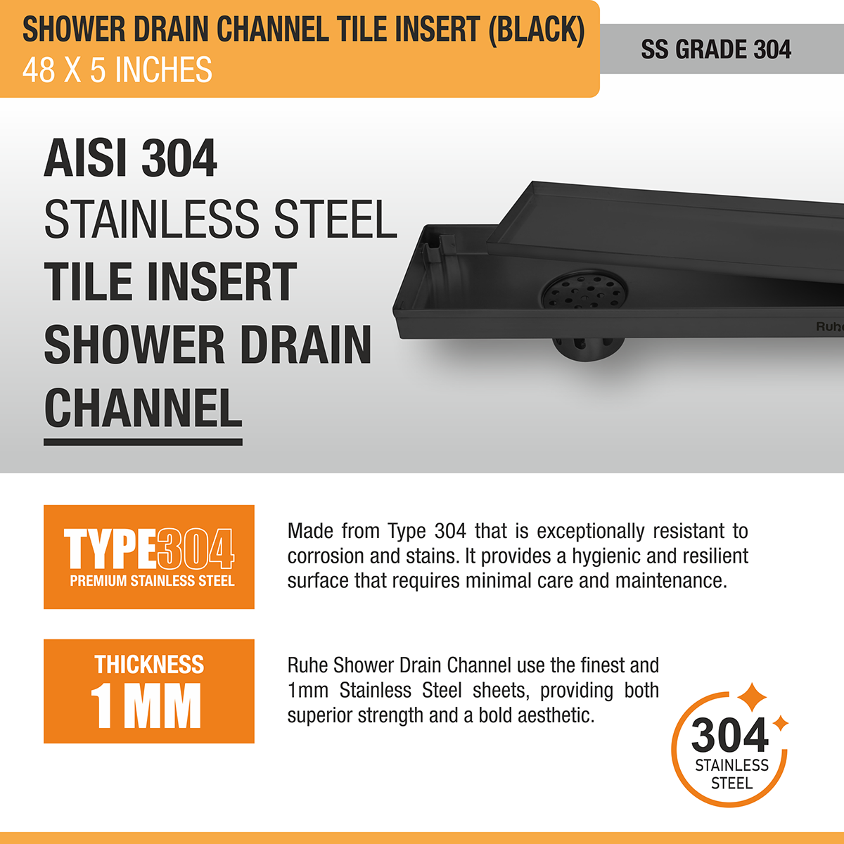 Tile Insert Shower Drain Channel (48 x 5 Inches) Black PVD Coated - by Ruhe®