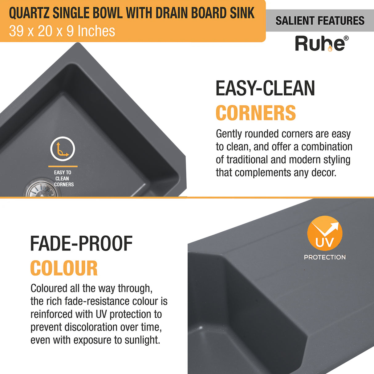 Quartz Single Bowl with Drainboard Kitchen Sink - Smoke Grey (39 x 20 x 9 inches) - by Ruhe