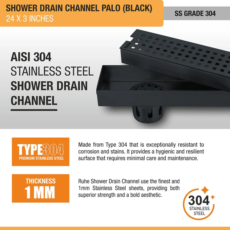 Palo Shower Drain Channel (24 x 3 Inches) Black PVD Coated - by Ruhe