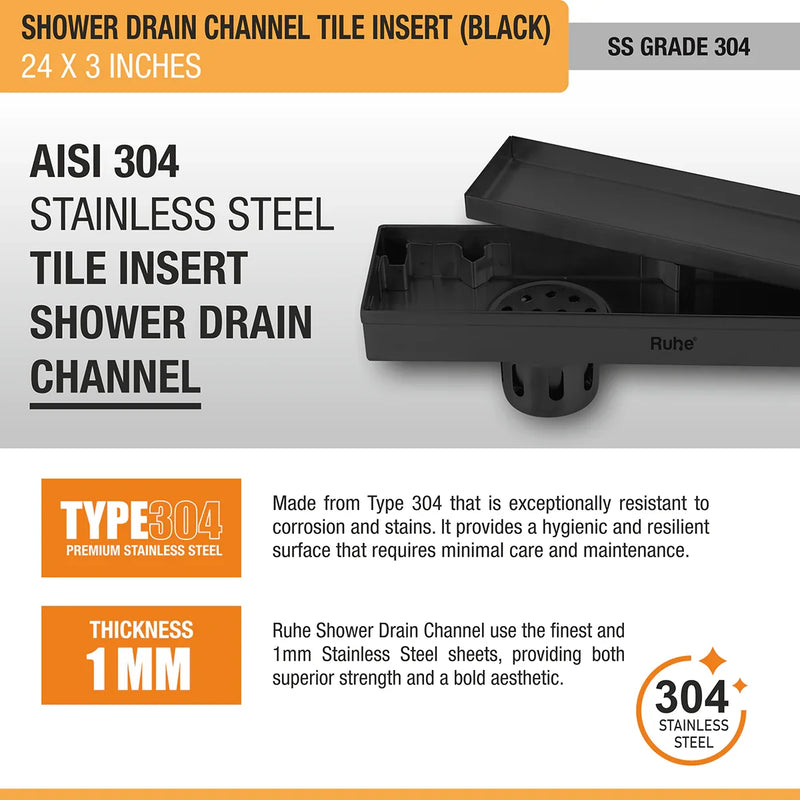 Tile Insert Shower Drain Channel (24 x 3 Inches) Black PVD Coated - by Ruhe