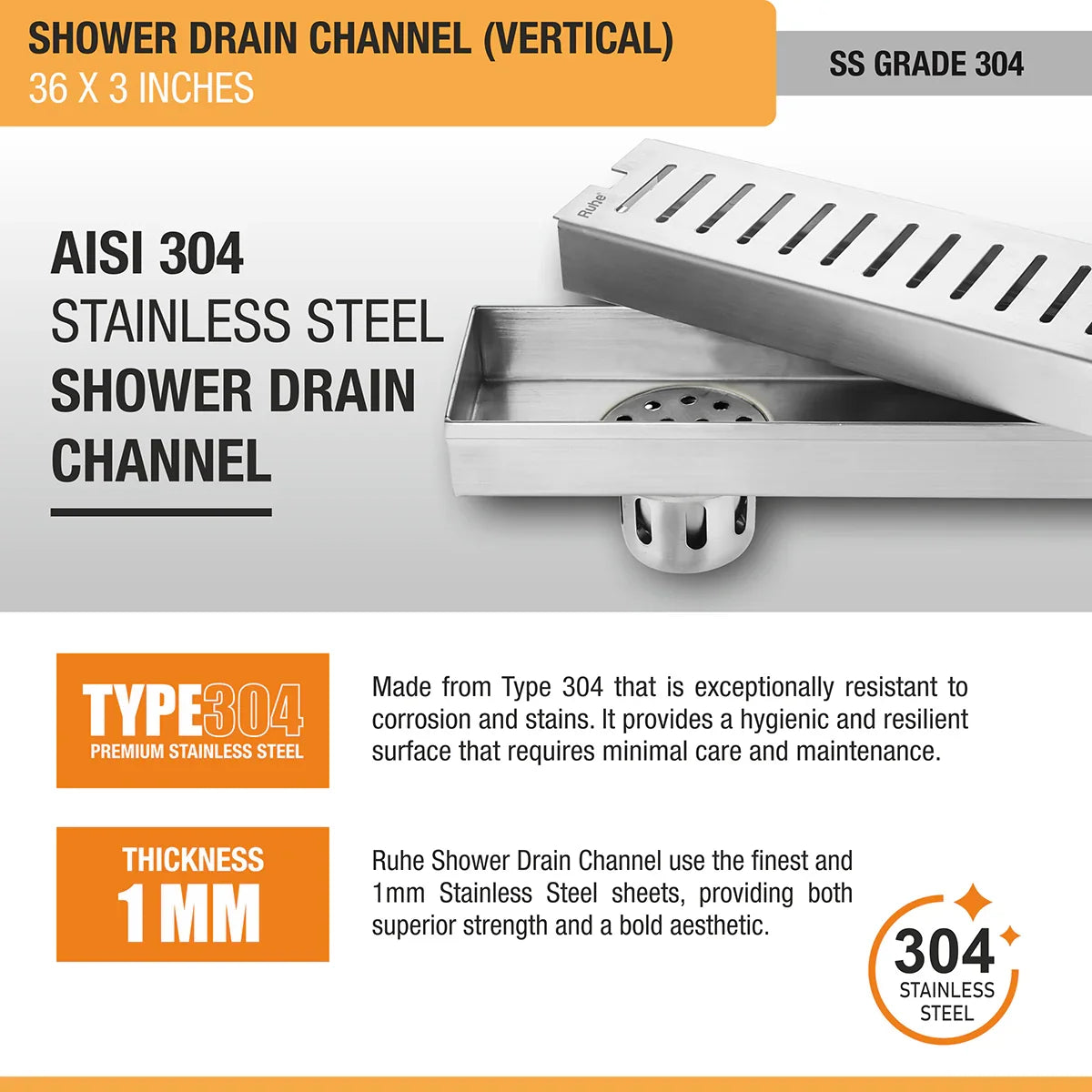 Vertical Shower Drain Channel (3 Inches)