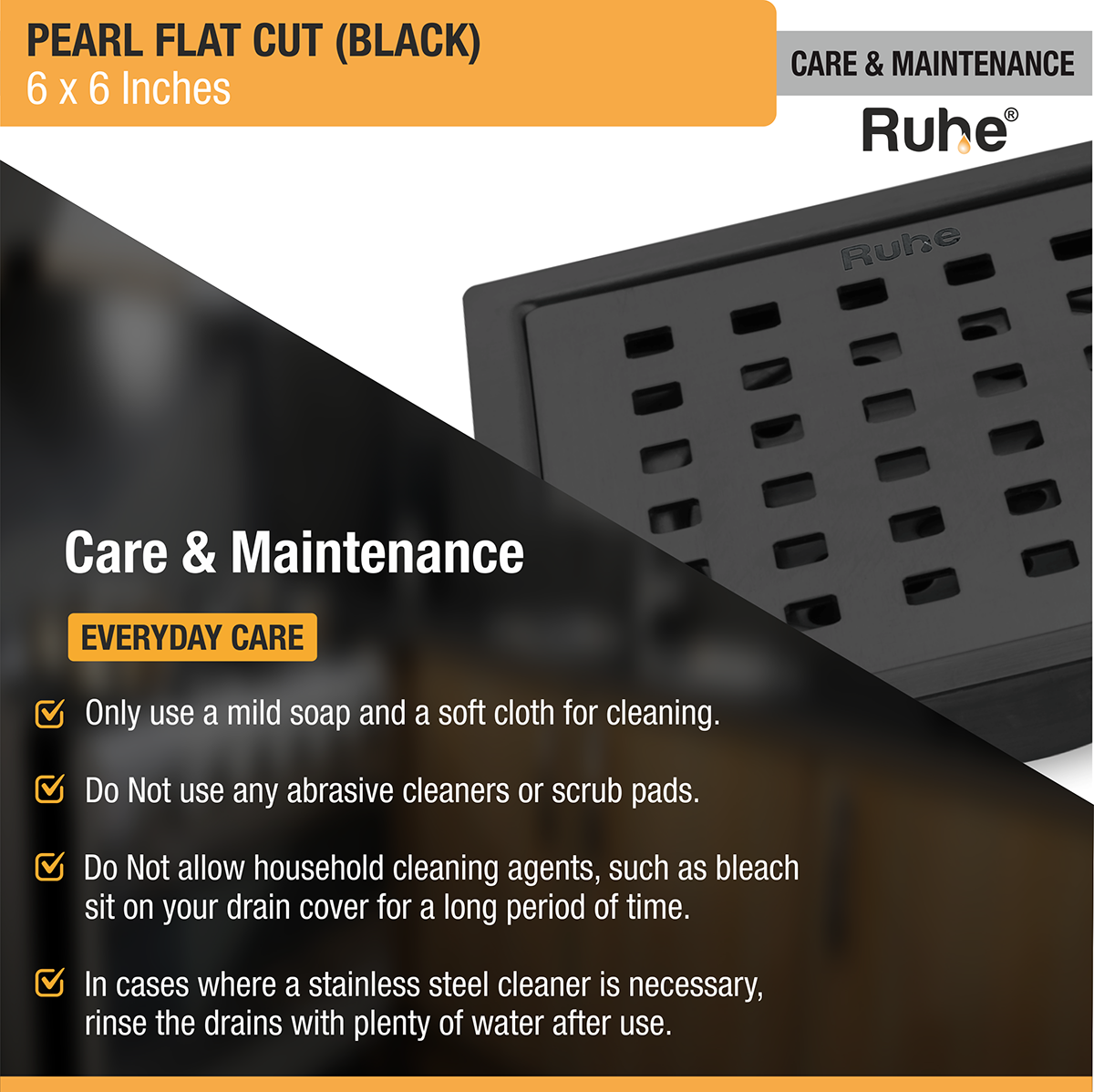 Pearl Square Flat Cut Floor Drain in Black PVD Coating (6 x 6 Inches) - by Ruhe