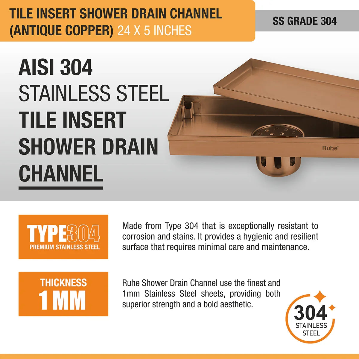 Tile-Insert Shower Drain Channel (5 Inches)